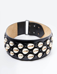 ALAIA Belt in Black Leather and White Shells 65