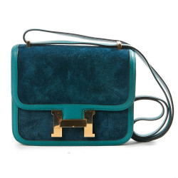 Sac à main Constance HERMES cuir doblis vert malachite bleu océan