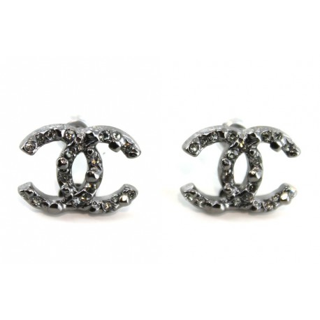 Boucles d'oreilles CHANEL en métal argenté noir 