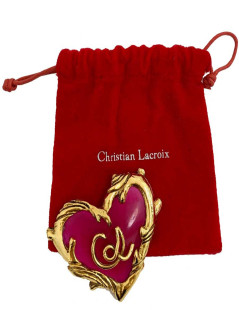  CHRISTIAN LACROIX Broche vintage coeur fuschia et doré