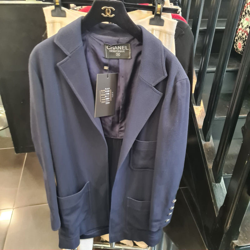 Veste longue T 34 CHANEL laine bleu nuit