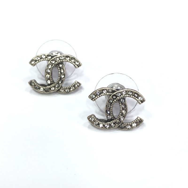 CC Stud Earrings in Aged Silver Metal and Rhinestones - VALOIS PARIS