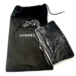 CHANEL python and rhinestones black evening clutch