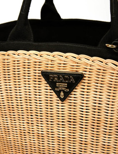 PRADA Bag in Natural Wicker and Black Cotton Canvas