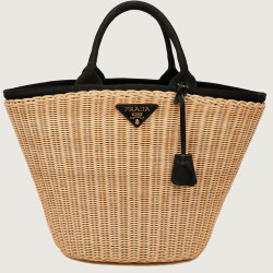 PRADA Bag in Natural Wicker and Black Cotton Canvas