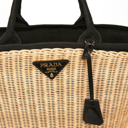 PRADA Bag in Natural Wicker and Black Cotton Canvas