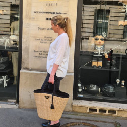 PRADA Bag in Natural Wicker and Black Cotton Canvas