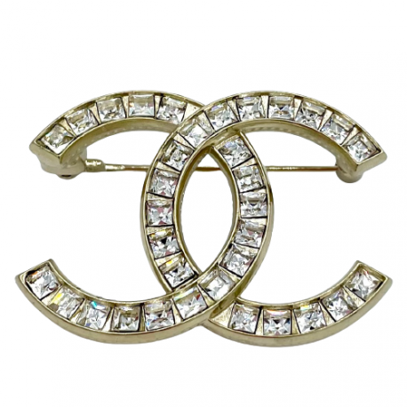 CHANEL Swarovski Crystal CC Logo Brooch Pin Gold