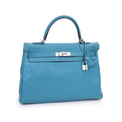 Sac HERMES Kelly II 35 en cuir de veau swift bleu izmir avec bandoulière