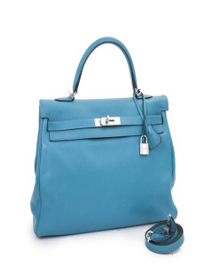 Sac HERMES Kelly II 35 en cuir de veau swift bleu izmir avec bandoulière