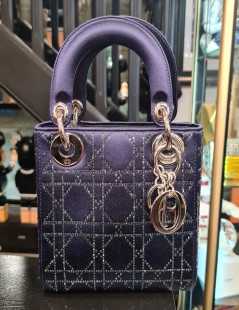 Mini Lady Dior satin bleu cannage strass