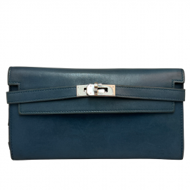 Portefeuille Kelly HERMES cuir bleu