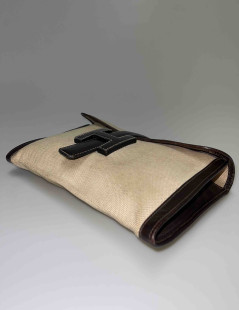 HERMES vintage Jige clutch in canvas and dark brown leather