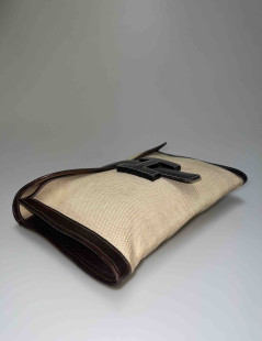 HERMES vintage Jige clutch in canvas and dark brown leather