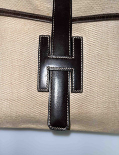 HERMES vintage Jige clutch in canvas and dark brown leather