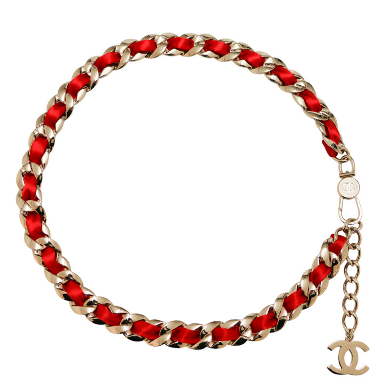 Ceinture CHANEL chaine métal satin rouge