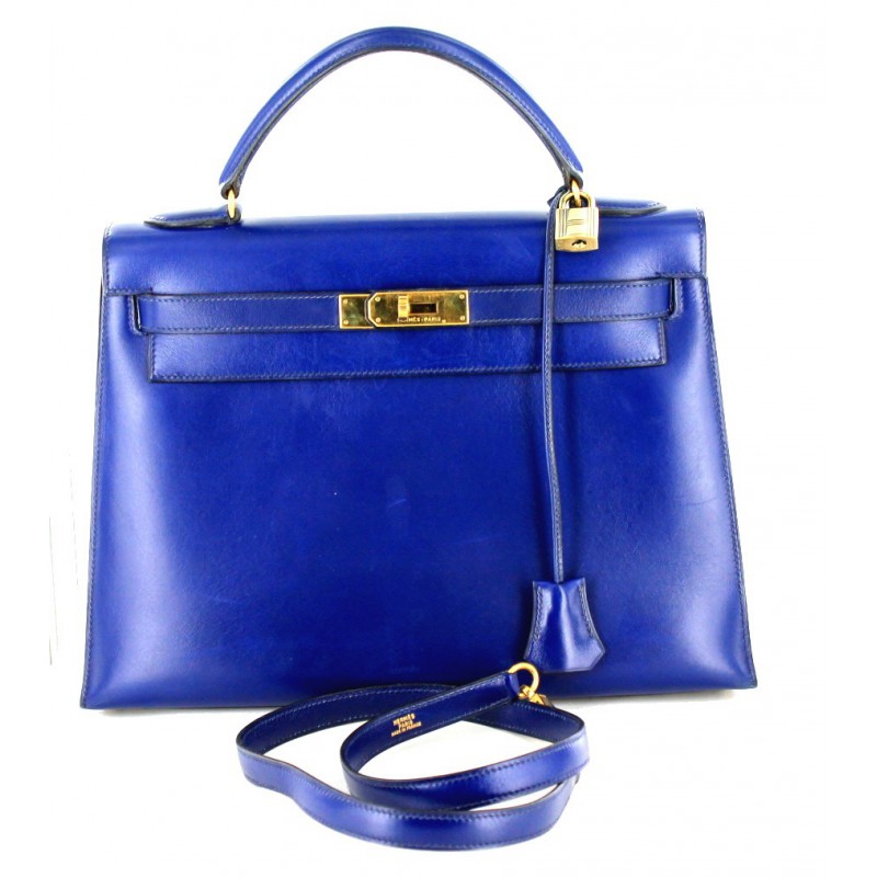 Lot - HERMÈS Paris, Kelly sellier 32 cm en veau box tricolore bleu