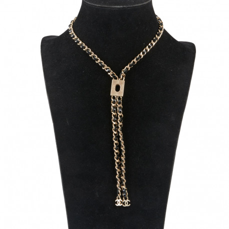 Collier CHANEL chaine entrelacée de cuir noir