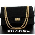 Sac 2.55 CHANEL satin de soie noir chaîne dorée