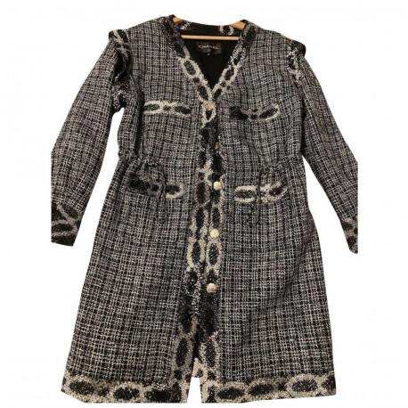 Veste longue CHANEL tweed noir et argent