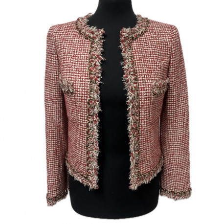 Veste CHANEL T34 tweed rouge et blanc resort 2010