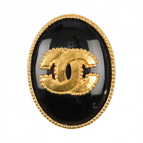 CHANEL vintage black enamel and gold brooch