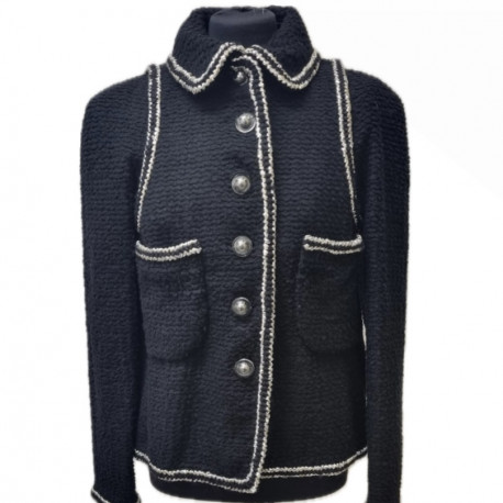 Veste CHANEL T 42 tweed noir gansée de fils d'argent