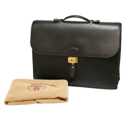 Sac à dépèches HERMES cuir box noir 2 soufflets