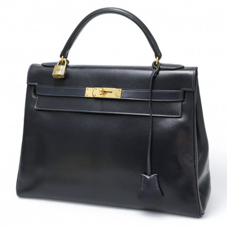 Kelly 32 retourné HERMES cuir de veau Box bleu