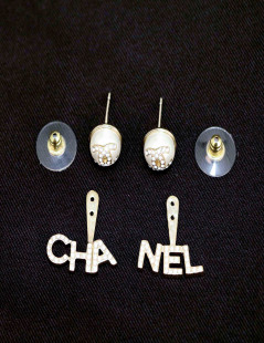 CHANEL rhinestone and pearl CHA  NEL pierced earrings