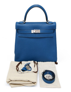 Sac HERMES Kelly 32 bleu retourné