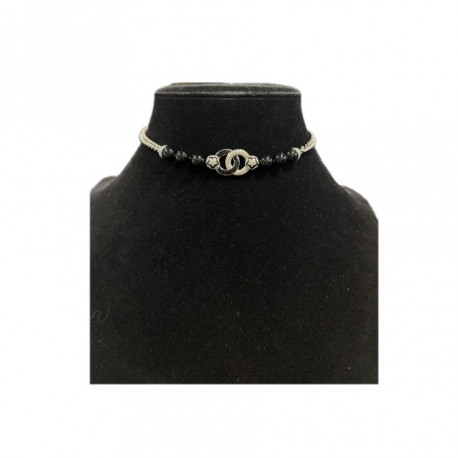 Collier CHANEL noir argent strass