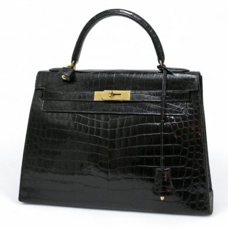 Kelly 32 HERMES Porosus noir Vintage