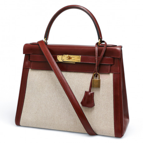 Kelly 28 toile et cuir HERMES rouge h