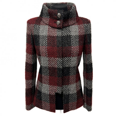 CHANEL jacket in red, silver and black check tweed size 38FR