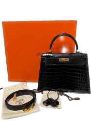 Kelly 25 HERMES crocodile niloticus noir brillant