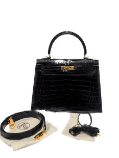 Kelly 25 HERMES crocodile niloticus noir brillant