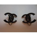 CC CHANEL antique silver metal and black enamel ear clips