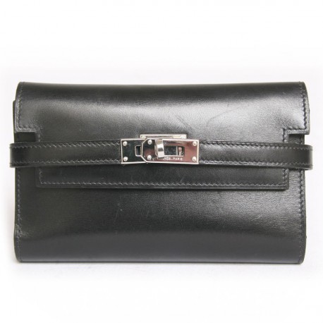 Portefeuille Kelly HERMES cuir de box noir