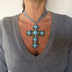 Collier LANVIN crucifix turquoise