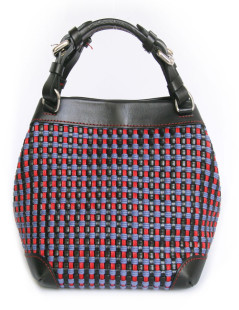 Sac "Cubo" CAROLINE DE MARCHI en cuir noir et coton tressé rouge et violet