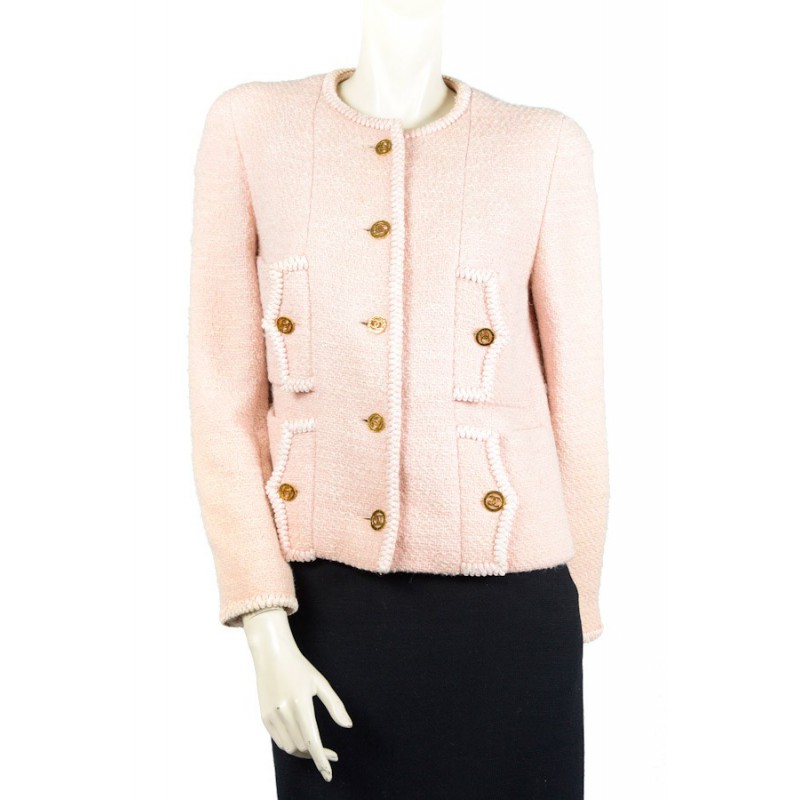 CHANEL pink white wool Tweed FLOWER BROOCH Blazer Jacket 42 L at 1stDibs  chanel  pink blazer chanel jacket pink p51445w05646