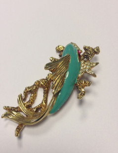 Broche CARVEN poisson émaillé turquoise dorée