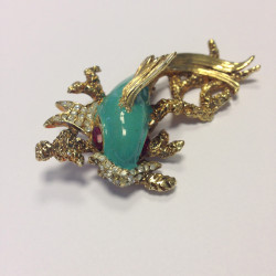 Broche CARVEN poisson émaillé turquoise dorée