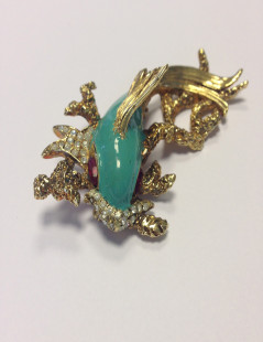 Broche CARVEN poisson émaillé turquoise dorée