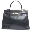 Sac Kelly HERMES cuir box bleu marine vintage 