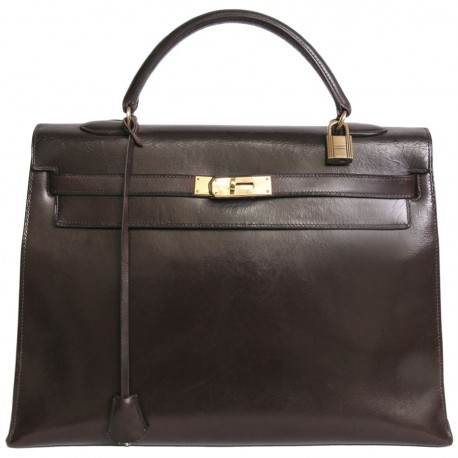 sac Kelly 35 HERMES vintage cuir box marron