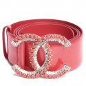 Ceinture CHANEL T 90 "PARIS LOS ANGELES" en cuir verni orange et belle boucle "CC" perles corail et brillants