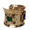 Cuff Couture MARGUERITE of VALOIS in hammered gold metal, pulp of multicolored glass and Swarovski rhinestones