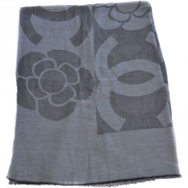 CHANEL scarf with fringe in light gray and dark gray cotton